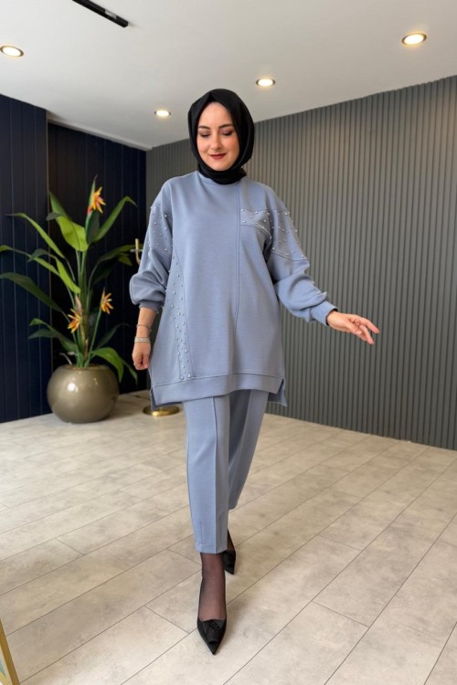 Taş Detaylı Pantolon Takım Mavi