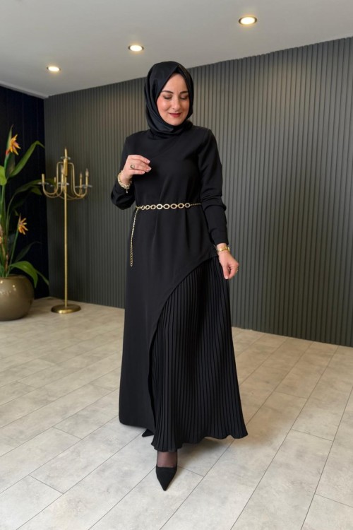 Pilise Detaylı Milano Elbise Siyah