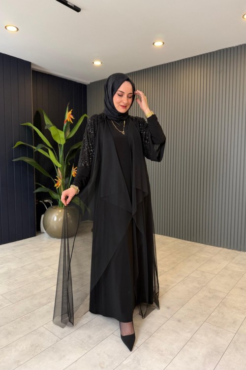 Pul Payet Detaylı Abaya Takım Siyah
