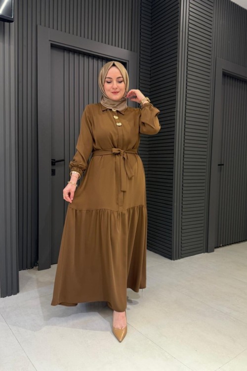 Tasarım Flora Elbise Taba