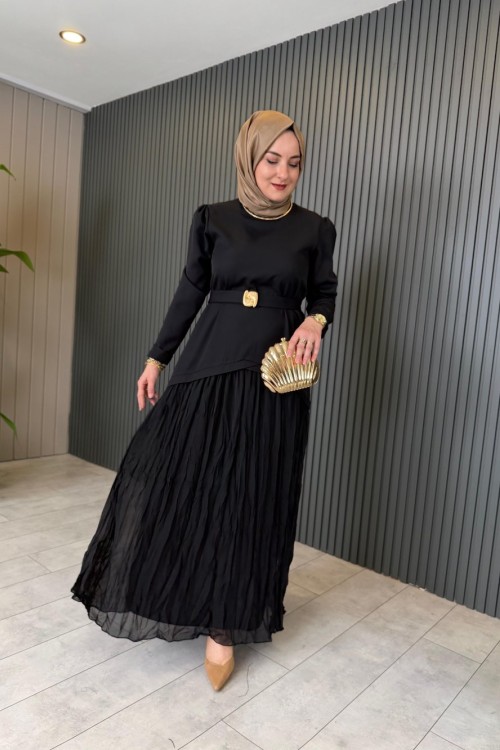 Eteği Kıraşlı Elbise Siyah