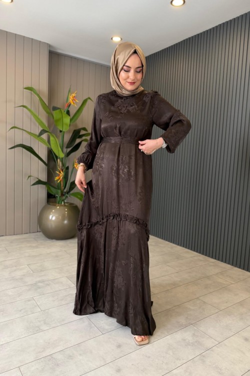 Gül Desenli Roza Elbise Kahve
