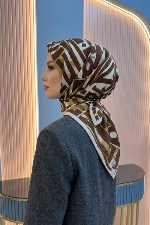 Harf Baskılı Twill İpek Eşarp Tarçın
