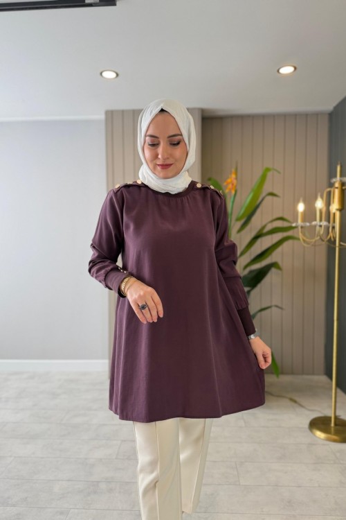 Omuz Düğme Detaylı Tunik Bordo