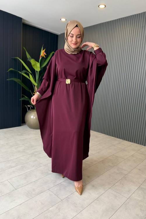 Broş Detaylı Dubai Elbise Mürdüm
