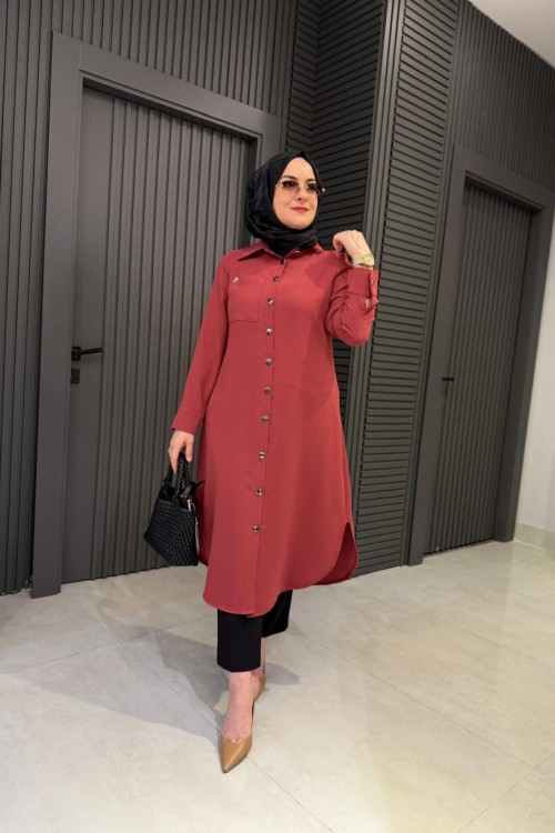 Düğme Detay Cepli Tunik Bordo