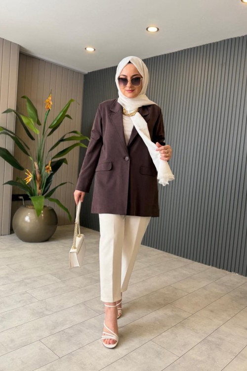 Tencel Lycell Blazer Ceket Kahverengi