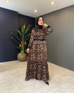 Leopar Detaylı Saten Elbise Leopar