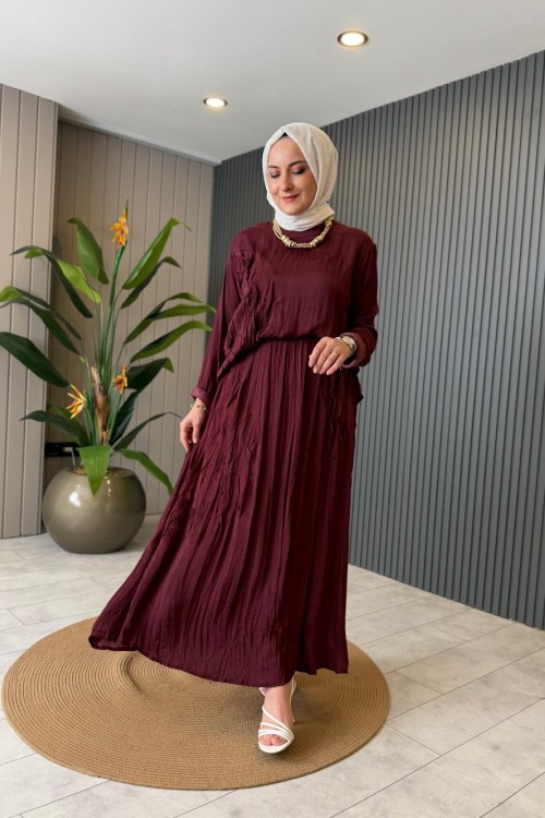 Suna İpek Etekli Takım  Bordo