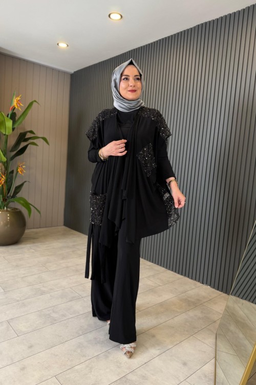 Pelin Yelekli 3 lü Takım Siyah