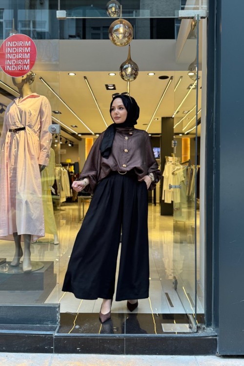 Kemerli Etek Pantolon Siyah