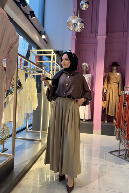 Kemerli Etek Pantolon Haki