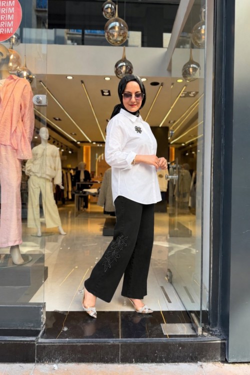 Çiçek Jean Siyah