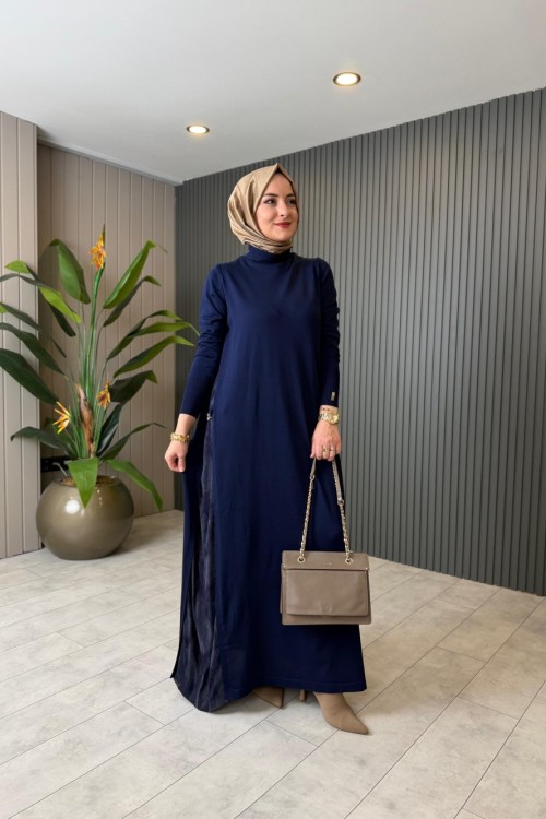 Yanları Kupra Elbise Lacivert