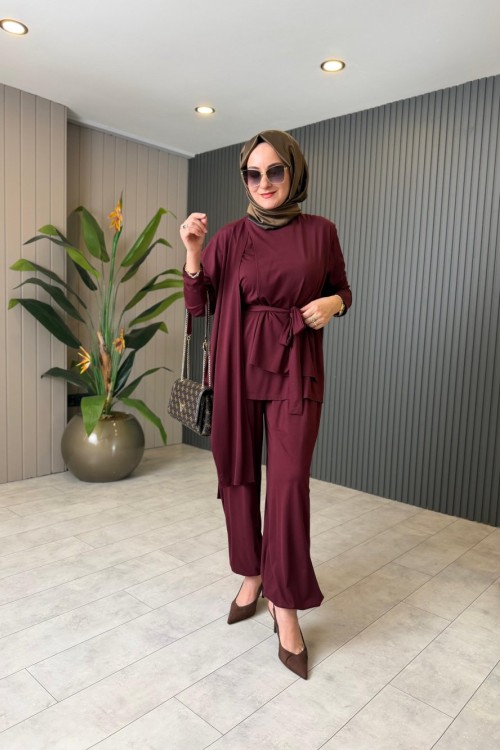 Bambu Pantalon Takım Bordo