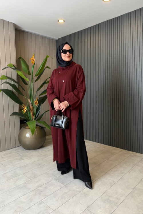 Yırtmaç Detaylı Swet Elbise-Tunik Bordo