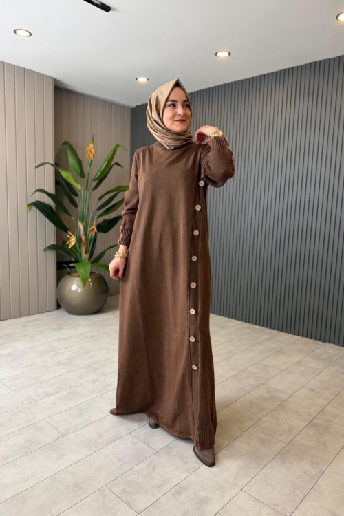 Düğme Detaylı Triko Elbise Kahve