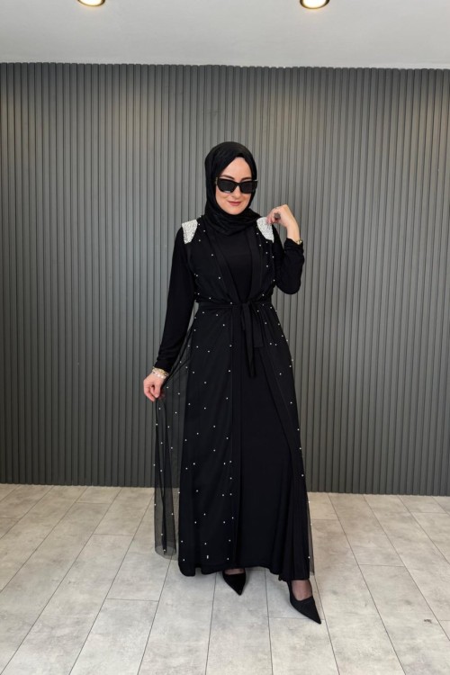 Yelekli İncili Abaya Takım Siyah Siyah