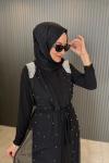 Yelekli İncili Abaya Takım Siyah Siyah