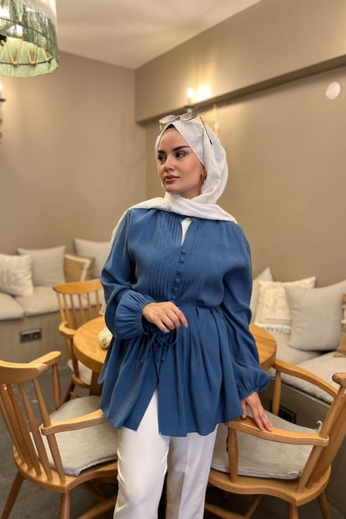 Nervür Detaylı Gömlek İndigo Mavi