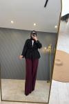 Beli Düz Lastikli Bambu Pantolon Bordo